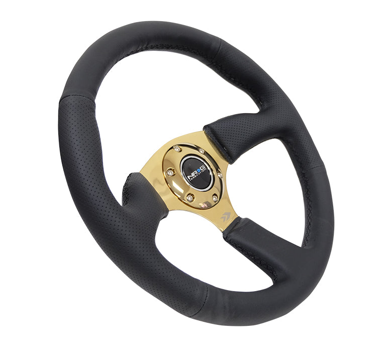 NRG Reinforced Steering Wheel (350mm / 2.5in. Deep) Leather Race Comfort Grip w/4mm Gold Spokes - 0