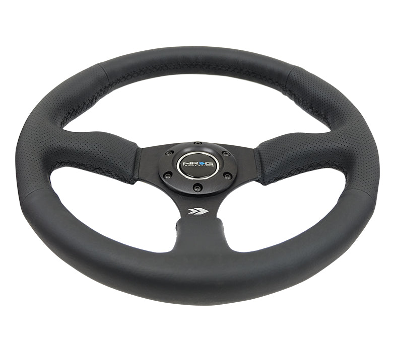 NRG Reinforced Steering Wheel (350mm / 2.5in. Deep) Blk Leather Comfort Grip w/5mm Matte Blk Spokes - 0