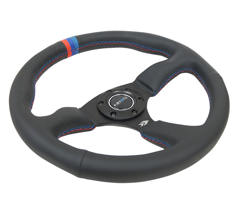 NRG Reinforced Steering Wheel (350mm / 2.5in Deep) Blk Leather w/M3 stitch Matte Blk 3-Spoke Center - 0