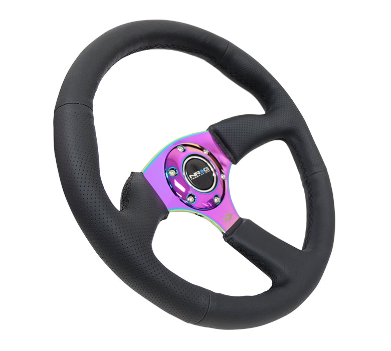 NRG Reinforced Steering Wheel (350mm / 2.5in. Deep) Leather Race Comfort Grip w/4mm Neochrome Spokes - 0