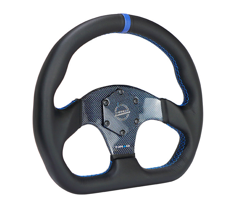 NRG Carbon Fiber Steering Wheel (320mm) Blue CF Center w/Blue Stitch Blue Center Mark Flat Bottom