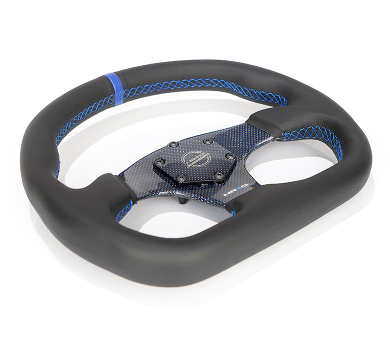 NRG Carbon Fiber Steering Wheel (320mm) Blue CF Center w/Blue Stitch Blue Center Mark Flat Bottom - 0