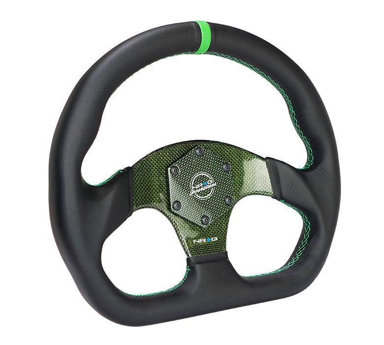 NRG Carbon Fiber Flat Bottom Steering Wheel (320mm) Green CF Center w/Green Stitch/Center Mark