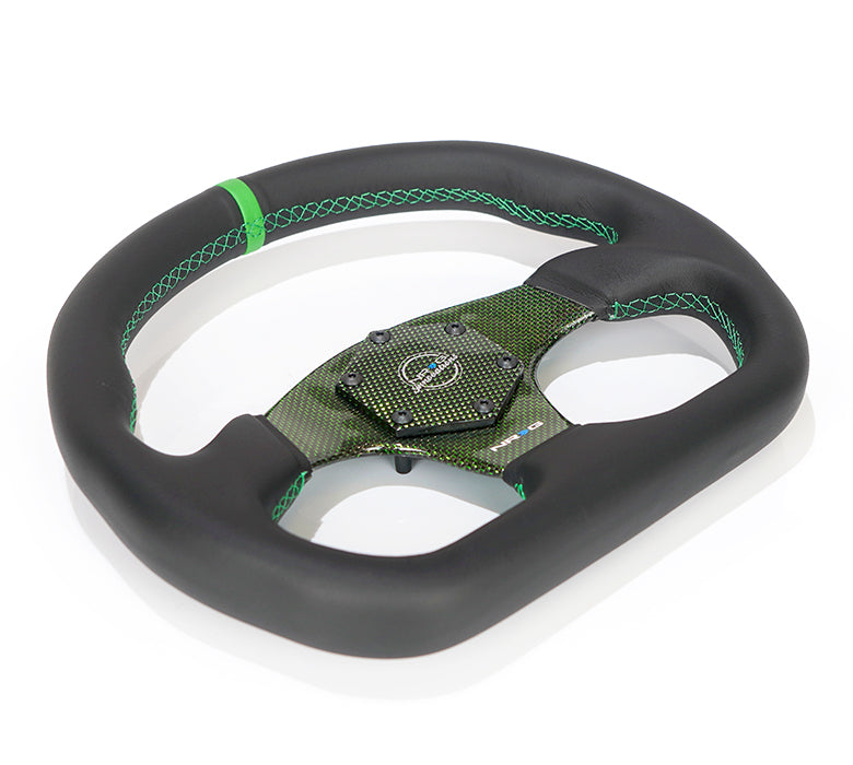 NRG Carbon Fiber Flat Bottom Steering Wheel (320mm) Green CF Center w/Green Stitch/Center Mark - 0