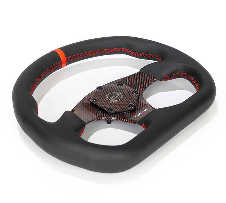 NRG Carbon Fiber Flat Bottom Steering Wheel (320mm) Red CF Center w/Red Stitch/Center Mark - 0