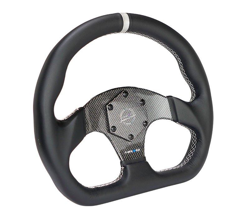 NRG Carbon Fiber Flat Bottom Steering Wheel (320mm) Silver CF Center w/Silver Stitch/Center Mark