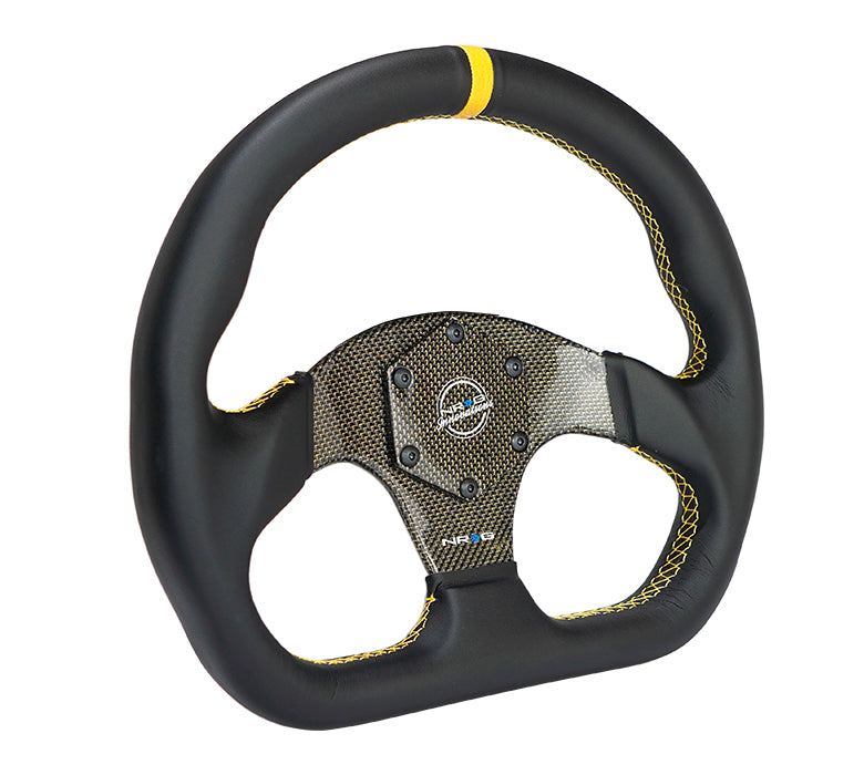 NRG Carbon Fiber Flat Bottom Steering Wheel (320mm) Yellow CF Center w/Yellow Stitch/Yellow Mark