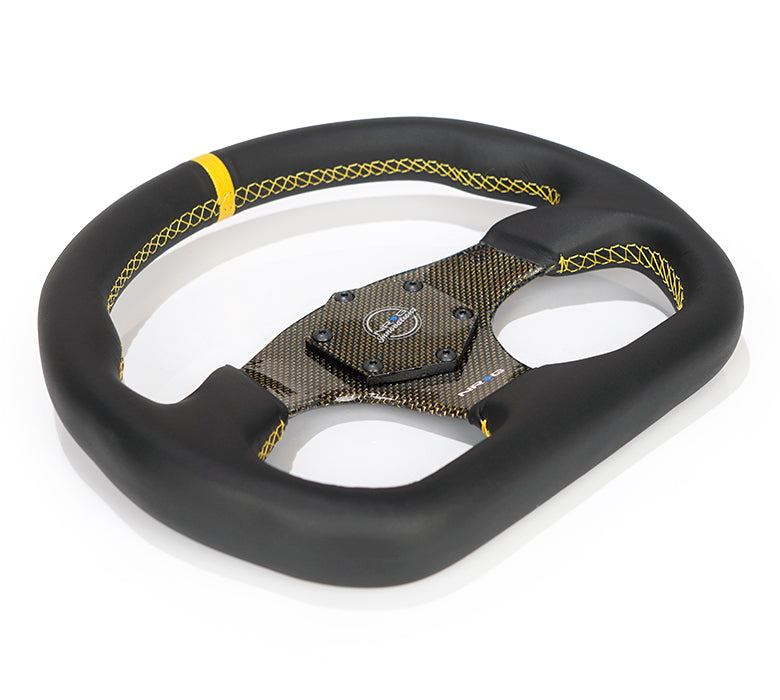 NRG Carbon Fiber Flat Bottom Steering Wheel (320mm) Yellow CF Center w/Yellow Stitch/Yellow Mark - 0