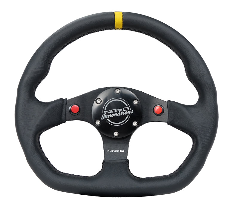 NRG Reinforced Steering Wheel (320mm) Sport Leather Dual Push Buttons Flat Bottom w/ Yellow Center