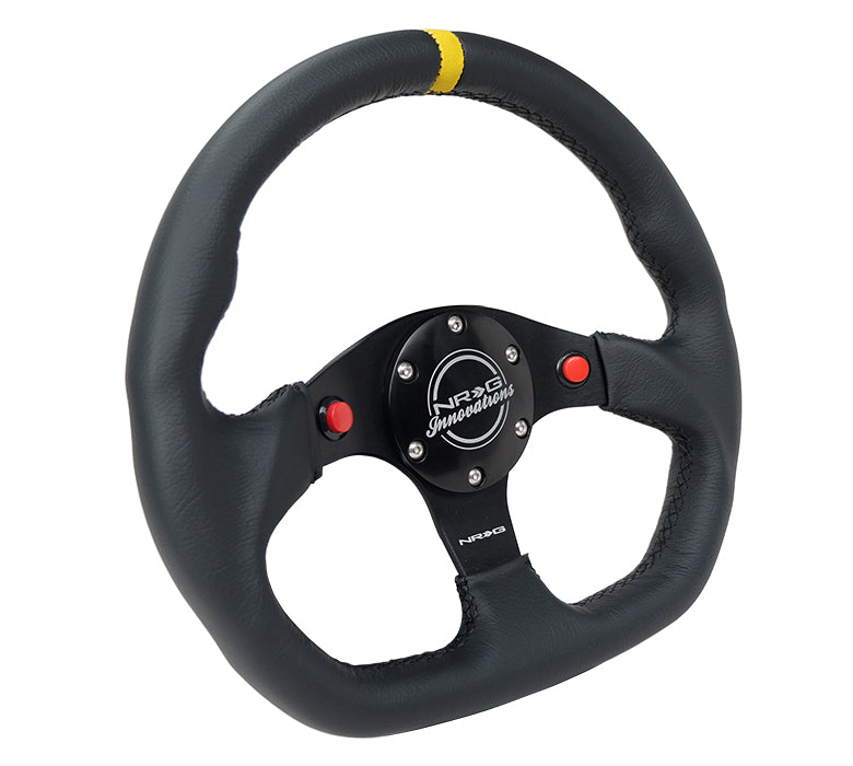 NRG Reinforced Steering Wheel (320mm) Sport Leather Dual Push Buttons Flat Bottom w/ Yellow Center - 0