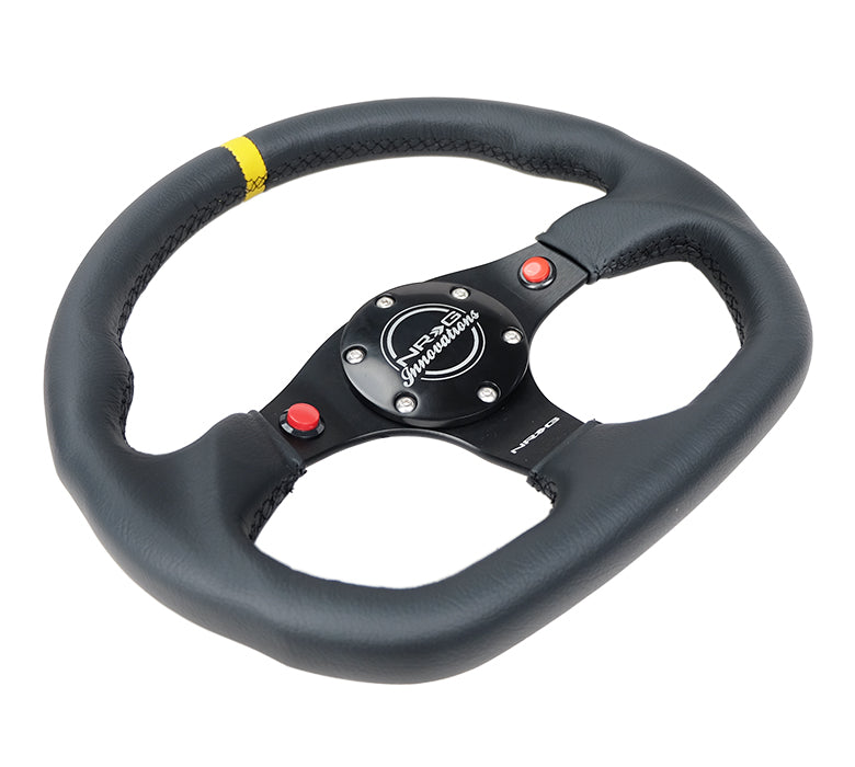 NRG Reinforced Steering Wheel (320mm) Sport Leather Dual Push Buttons Flat Bottom w/ Yellow Center