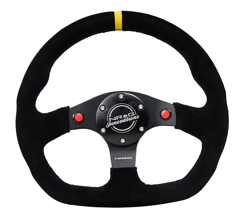 NRG Reinforced Steering Wheel (320mm) Sport Suede Dual Push Buttons Flat Bottom w/ Yellow Center