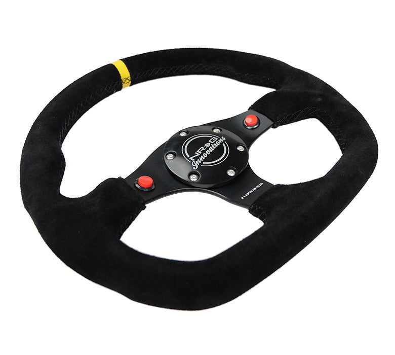 NRG Reinforced Steering Wheel (320mm) Sport Suede Dual Push Buttons Flat Bottom w/ Yellow Center - 0