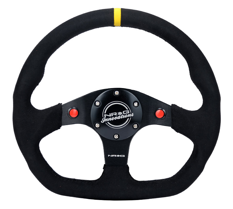 NRG Reinforced Steering Wheel (320mm) Sport Alcantara Dual Push Buttons Flat Bottom w/Yellow Center