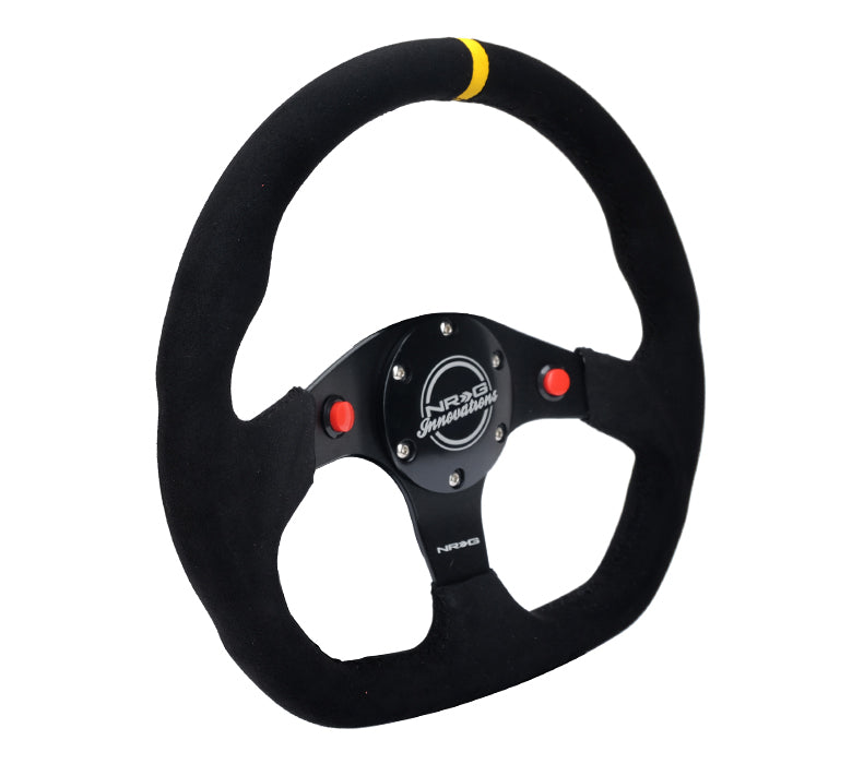 NRG Reinforced Steering Wheel (320mm) Sport Alcantara Dual Push Buttons Flat Bottom w/Yellow Center - 0