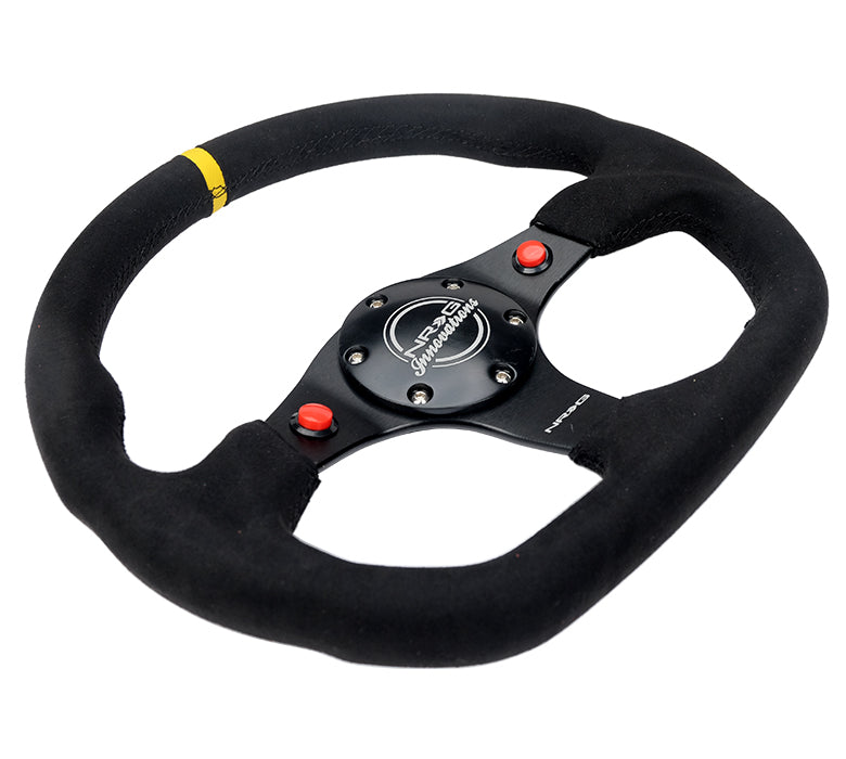 NRG Reinforced Steering Wheel (320mm) Sport Alcantara Dual Push Buttons Flat Bottom w/Yellow Center