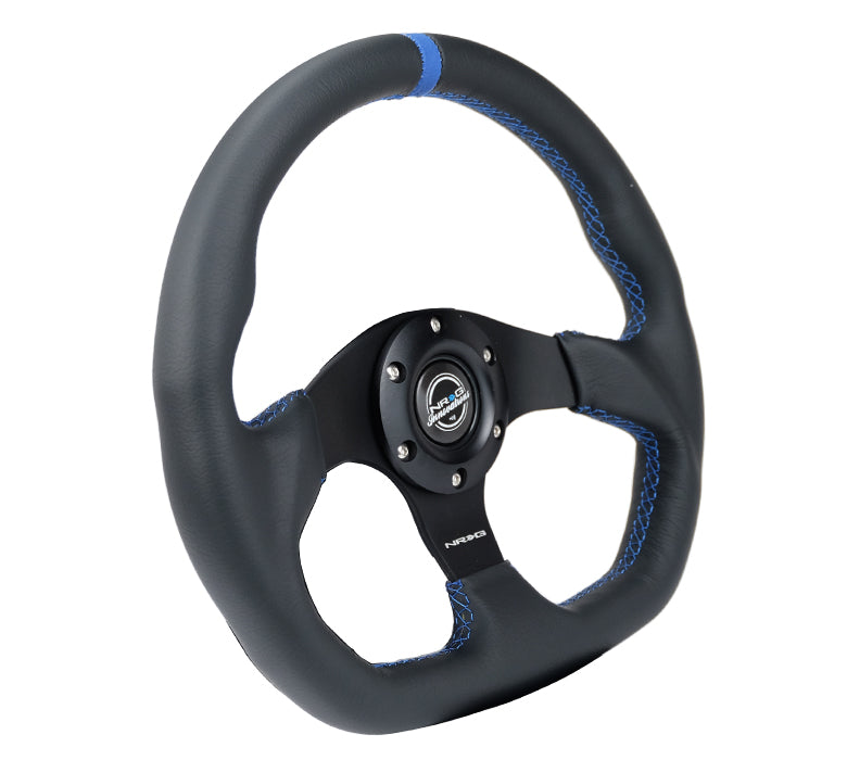 NRG Reinforced Steering Wheel (320mm) Sport Leather Flat Bottom w/ Blue Center/ Blue Stitching - 0