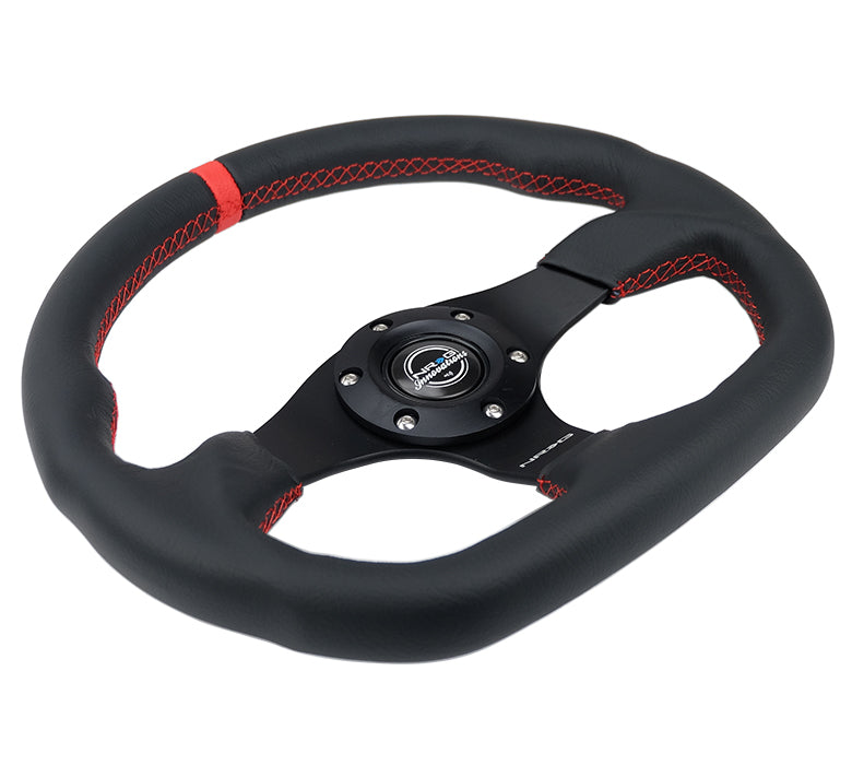 NRG Reinforced Steering Wheel (320mm) Sport Leather Flat Bottom w/ Red Center Mark/ Red Stitching