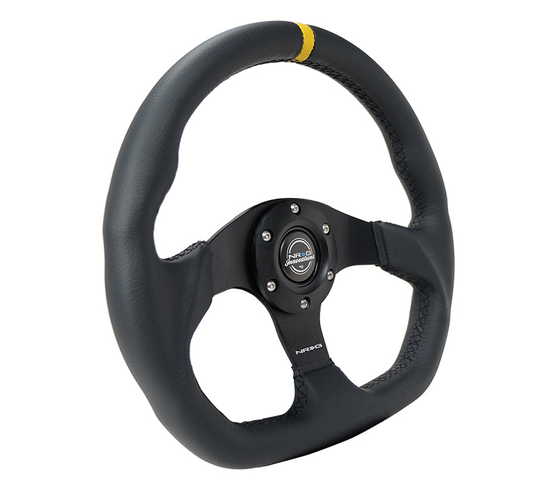 NRG Reinforced Steering Wheel (320mm) Sport Leather Flat Bottom w/ Yellow Center Mark - 0