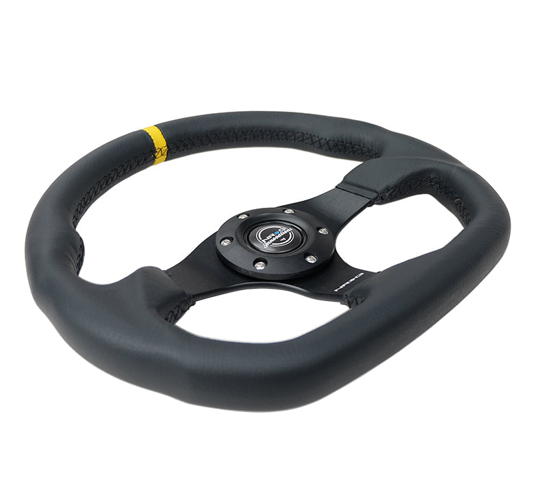 NRG Reinforced Steering Wheel (320mm) Sport Leather Flat Bottom w/ Yellow Center Mark