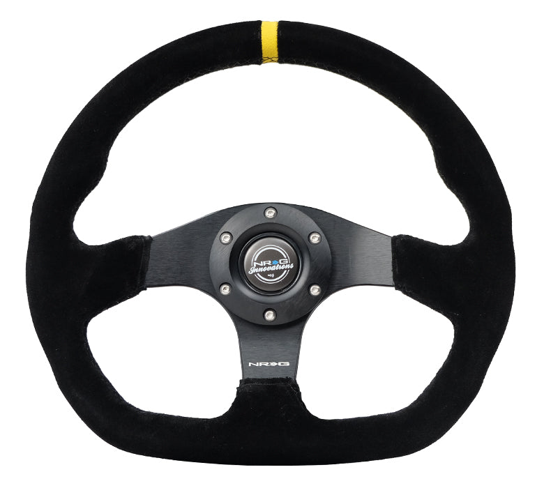 NRG Reinforced Steering Wheel (320mm) Sport Suede Flat Bottom w/ Yellow Center Mark