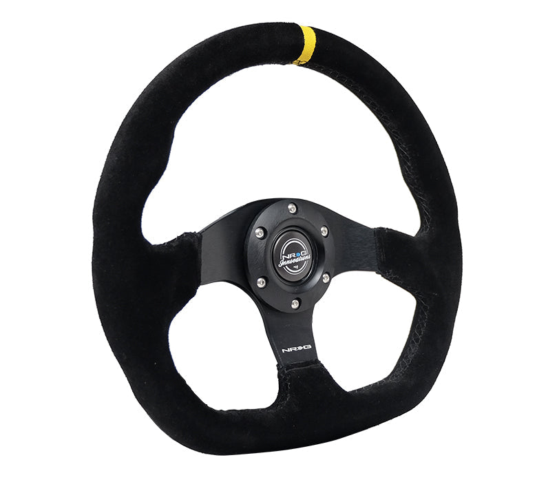 NRG Reinforced Steering Wheel (320mm) Sport Suede Flat Bottom w/ Yellow Center Mark - 0