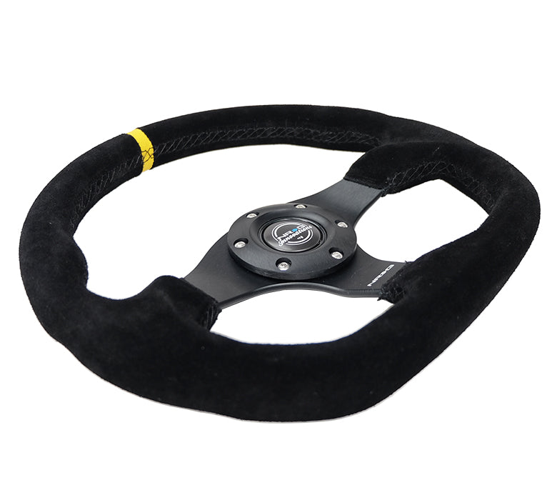 NRG Reinforced Steering Wheel (320mm) Sport Suede Flat Bottom w/ Yellow Center Mark