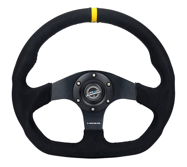 NRG Reinforced Steering Wheel (320mm) Sport Alcantara Flat Bottom w/ Yellow Center Mark