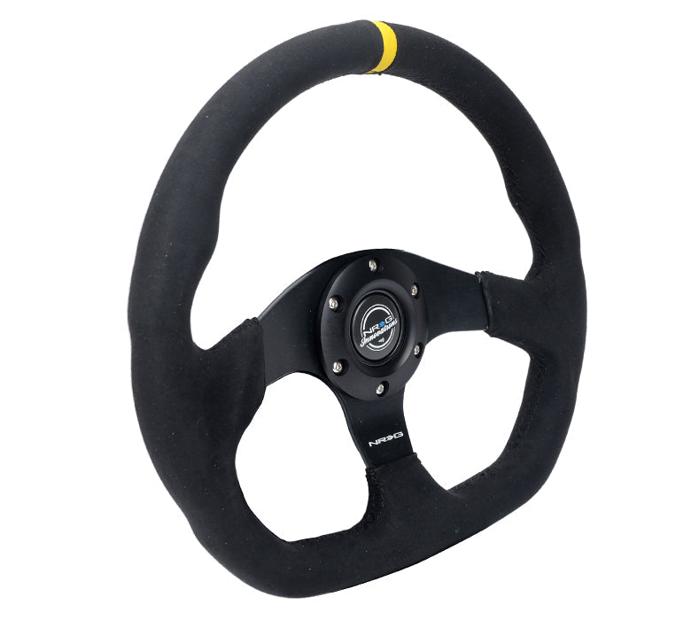 NRG Reinforced Steering Wheel (320mm) Sport Alcantara Flat Bottom w/ Yellow Center Mark - 0