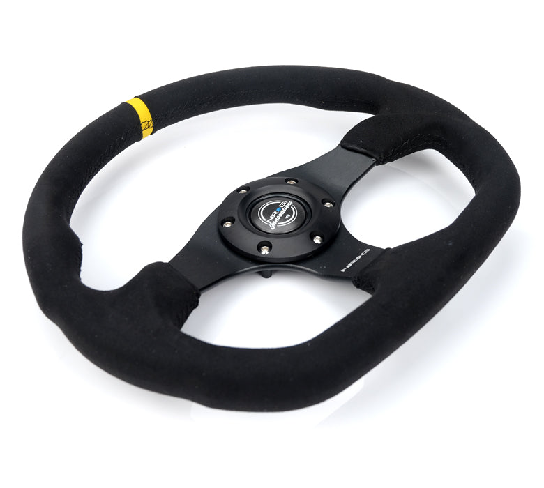 NRG Reinforced Steering Wheel (320mm) Sport Alcantara Flat Bottom w/ Yellow Center Mark