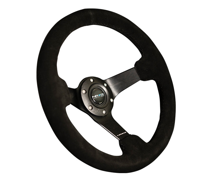 NRG Reinforced Steering Wheel (330mm / 3in Deep) Blk Suede w/Criss Cross Stitch w/Blk 3-Spoke Center - 0