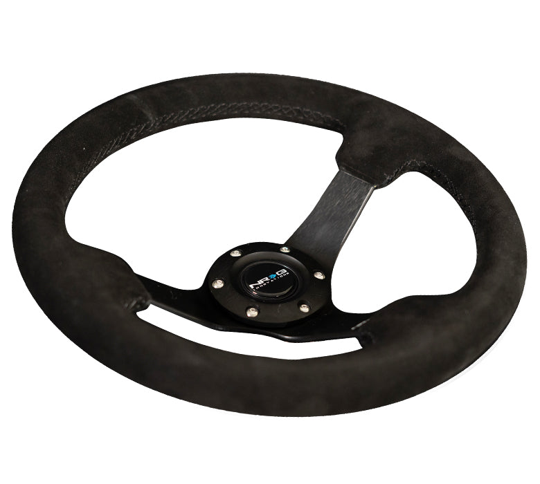 NRG Reinforced Steering Wheel (330mm / 3in Deep) Blk Suede w/Criss Cross Stitch w/Blk 3-Spoke Center