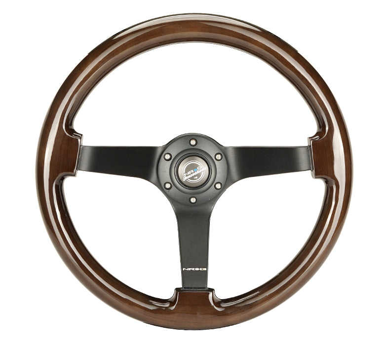 NRG Reinforced Steering Wheel (350mm) Dark Wood Grain - 3in Deep - Black 3-Spoke Center