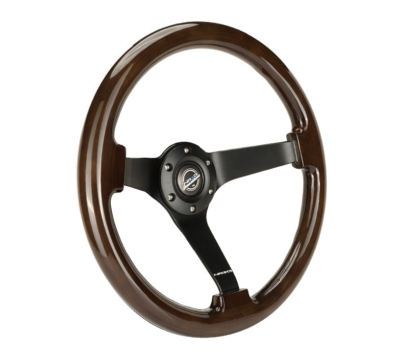 NRG Reinforced Steering Wheel (350mm) Dark Wood Grain - 3in Deep - Black 3-Spoke Center - 0