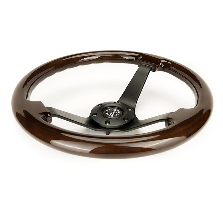 NRG Reinforced Steering Wheel (350mm) Dark Wood Grain - 3in Deep - Black 3-Spoke Center