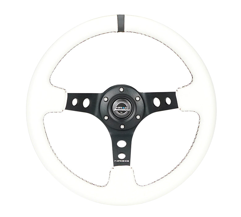 NRG Reinforced Steering Wheel (350mm/3in. Deep) White Leather w/Blk Spoke/Round Holes/White Stripes