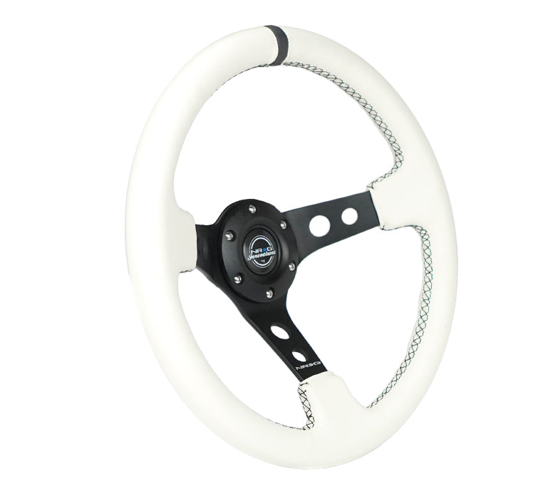 NRG Reinforced Steering Wheel (350mm/3in. Deep) White Leather w/Blk Spoke/Round Holes/White Stripes - 0