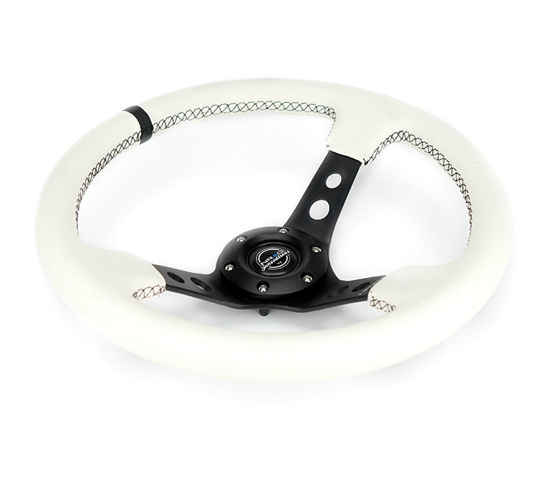 NRG Reinforced Steering Wheel (350mm/3in. Deep) White Leather w/Blk Spoke/Round Holes/White Stripes