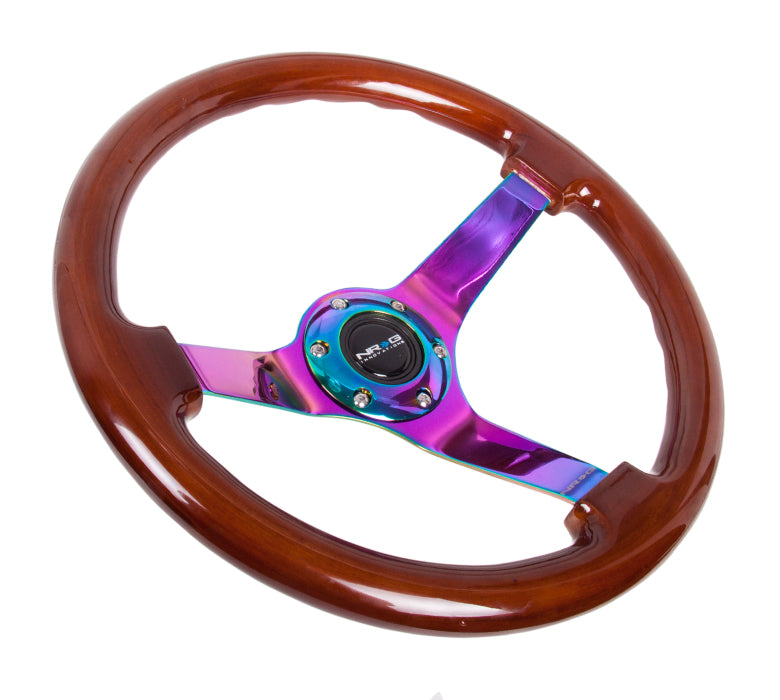 NRG Reinforced Steering Wheel (350mm / 3in. Deep) Classic Dark Wood w/4mm Neochrome Solid 3-Spoke - 0