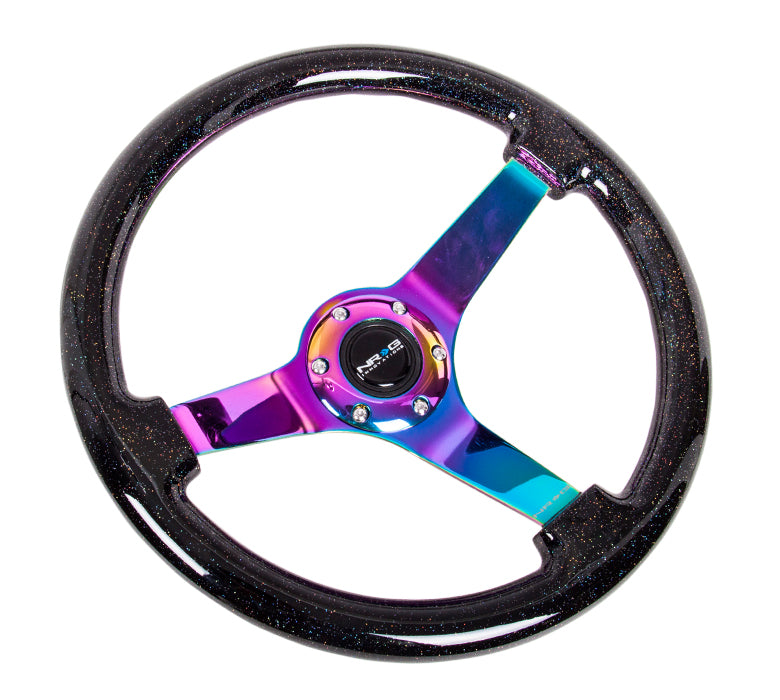 NRG Reinforced Steering Wheel (350mm / 3in. Deep) Classic Blk Sparkle w/4mm Neochrome 3-Spoke Center - 0