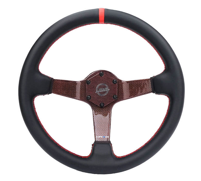 NRG Carbon Fiber Steering Wheel 350mm 3in Deep Red Carbon Fiber Red Stiching Red Center Mark Leather