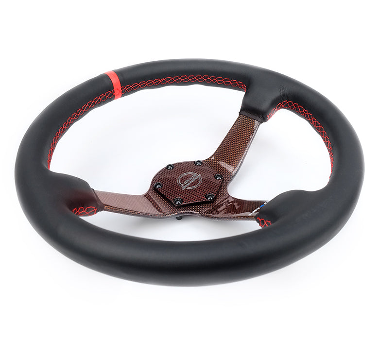 NRG Carbon Fiber Steering Wheel 350mm 3in Deep Red Carbon Fiber Red Stiching Red Center Mark Leather - 0