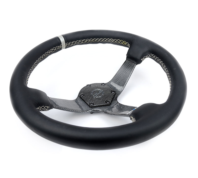 NRG Carbon Fiber Steering Wheel (350mm) Silver Carbon Fiber Center - Silver Stitching & Center Mark - 0