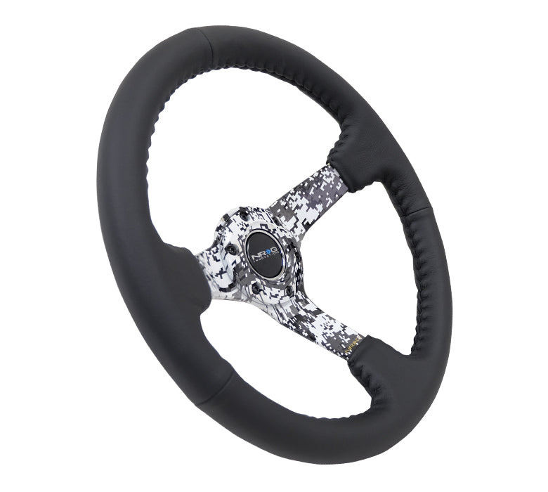 NRG Reinforced Steering Wheel (350mm / 3in. Deep) Blk Leather w/Hydrodipped Digi-Camo Spokes - 0