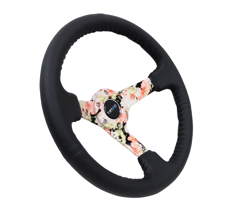 NRG Reinforced Steering Wheel (350mm / 3in. Deep) Blk Leather Floral Dipped w/ Blk Baseball Stitch - 0