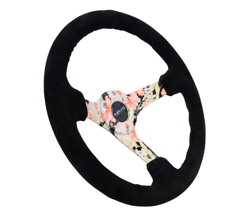 NRG Reinforced Steering Wheel (350mm / 3in. Deep) Blk Suede Floral Dipped w/ Blk Baseball Stitch - 0