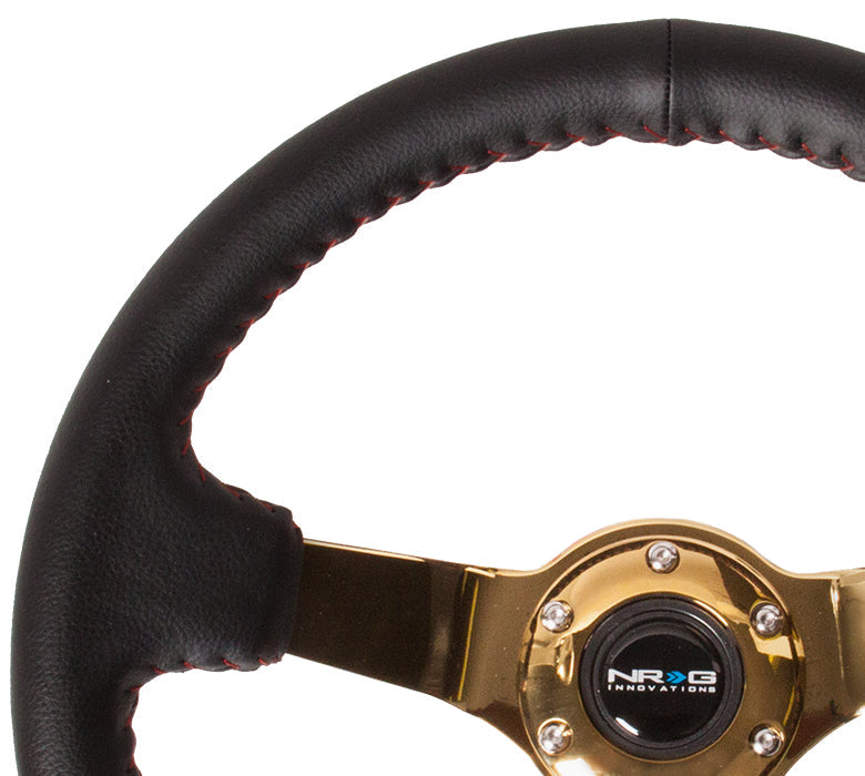 NRG Reinforced Steering Wheel (350mm / 3in. Deep) Blk Leather/Red BBall Stitch w/4mm Gold Spokes - 0