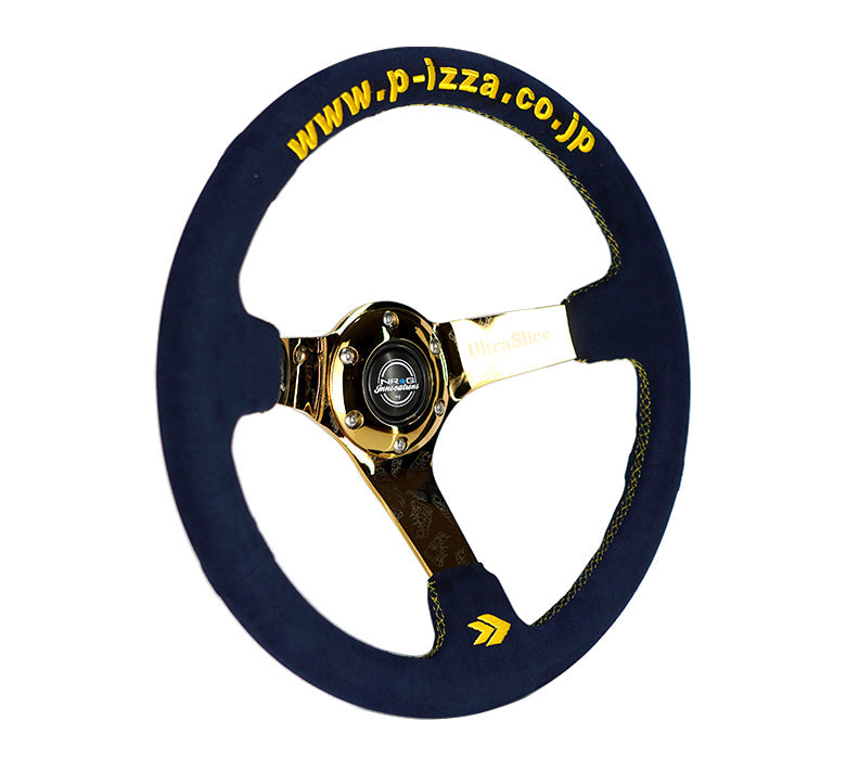 NRG Reinforced Steering Wheel (3in. Deep) UltraSlice Sig Blue Alcan, Gold Stich, Pizza Embroidery