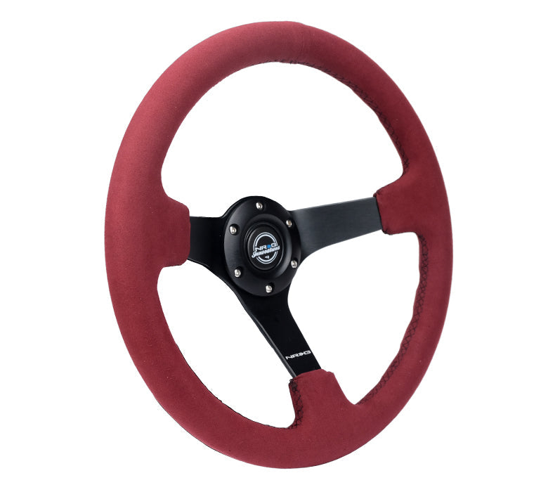 NRG Reinforced Steering Wheel (350mm/ 3in. Deep) Black Spoke/ Burgundy Alcantara w/ Black Stitch - 0