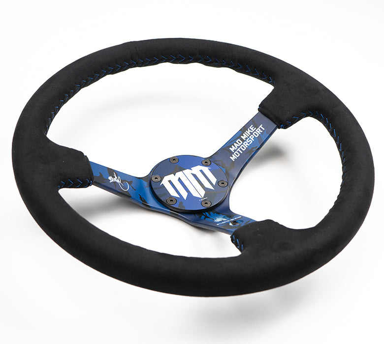 NRG Reinforced Steering Wheel (3in. Deep) Mad Mike/ 5mm Spoke /Alcantara Finish w/ Blue Stitching - 0